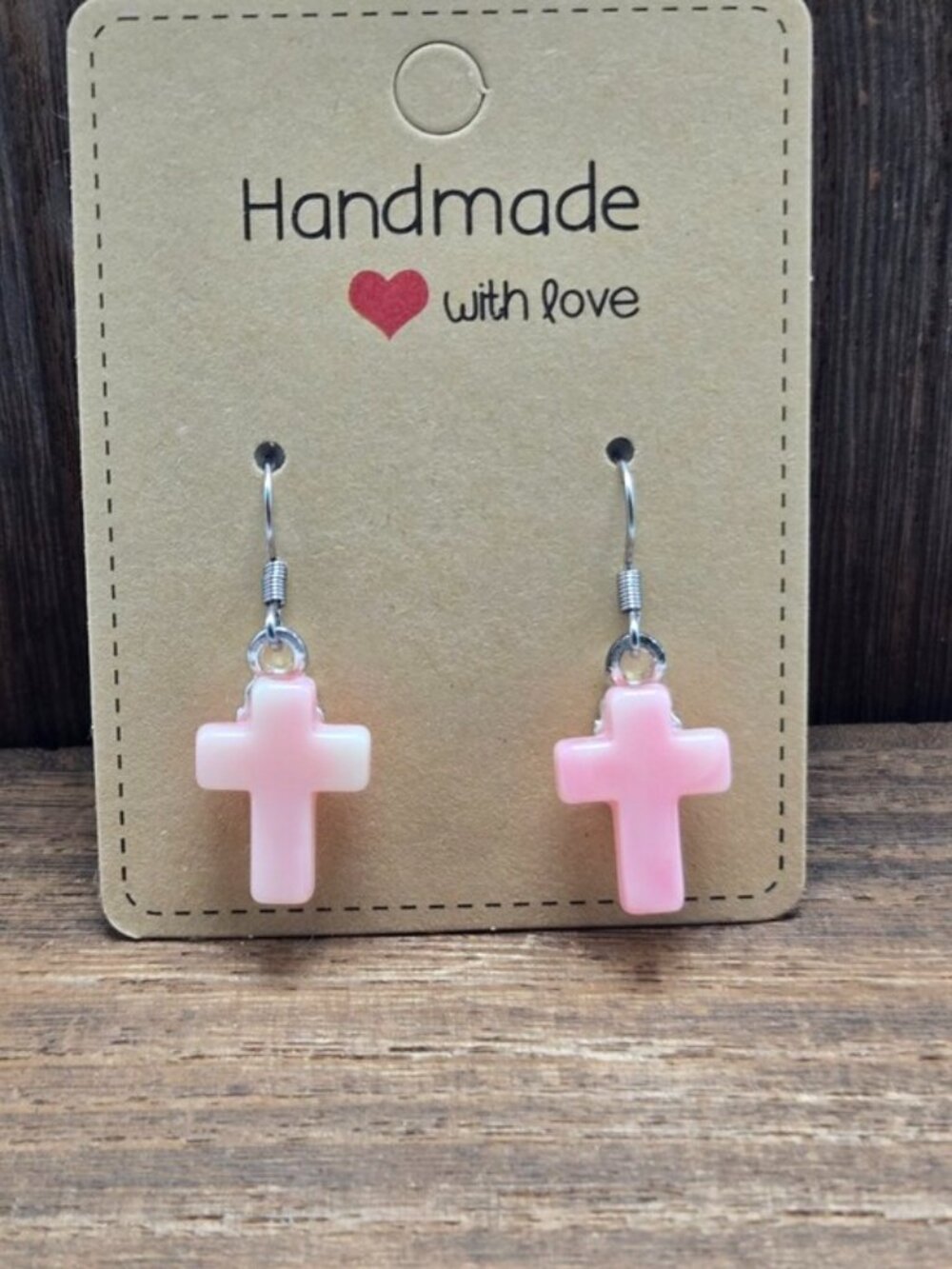 NWT Acrylic Pale Pink Cross Earrings Pierced Religious Dangle Drop Handmade OOAK
